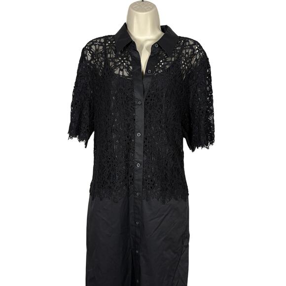 Vintage Y2K DKNY Lace Shirt Dress Black Casual Modest Elbow Sleeve Slip Lined L - Picture 2 of 8